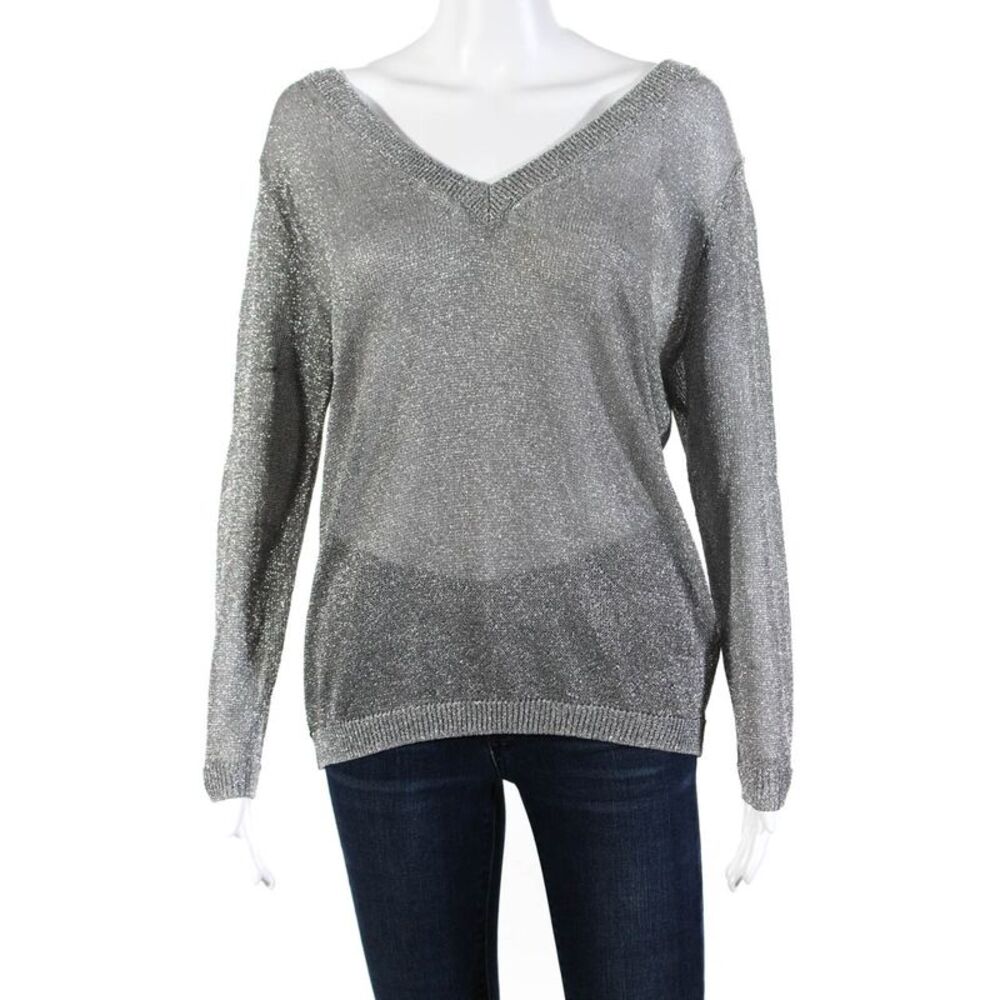 Zara Women's V-Neck Long Sleeves Glitter Silver Pullover Sweater Size  S